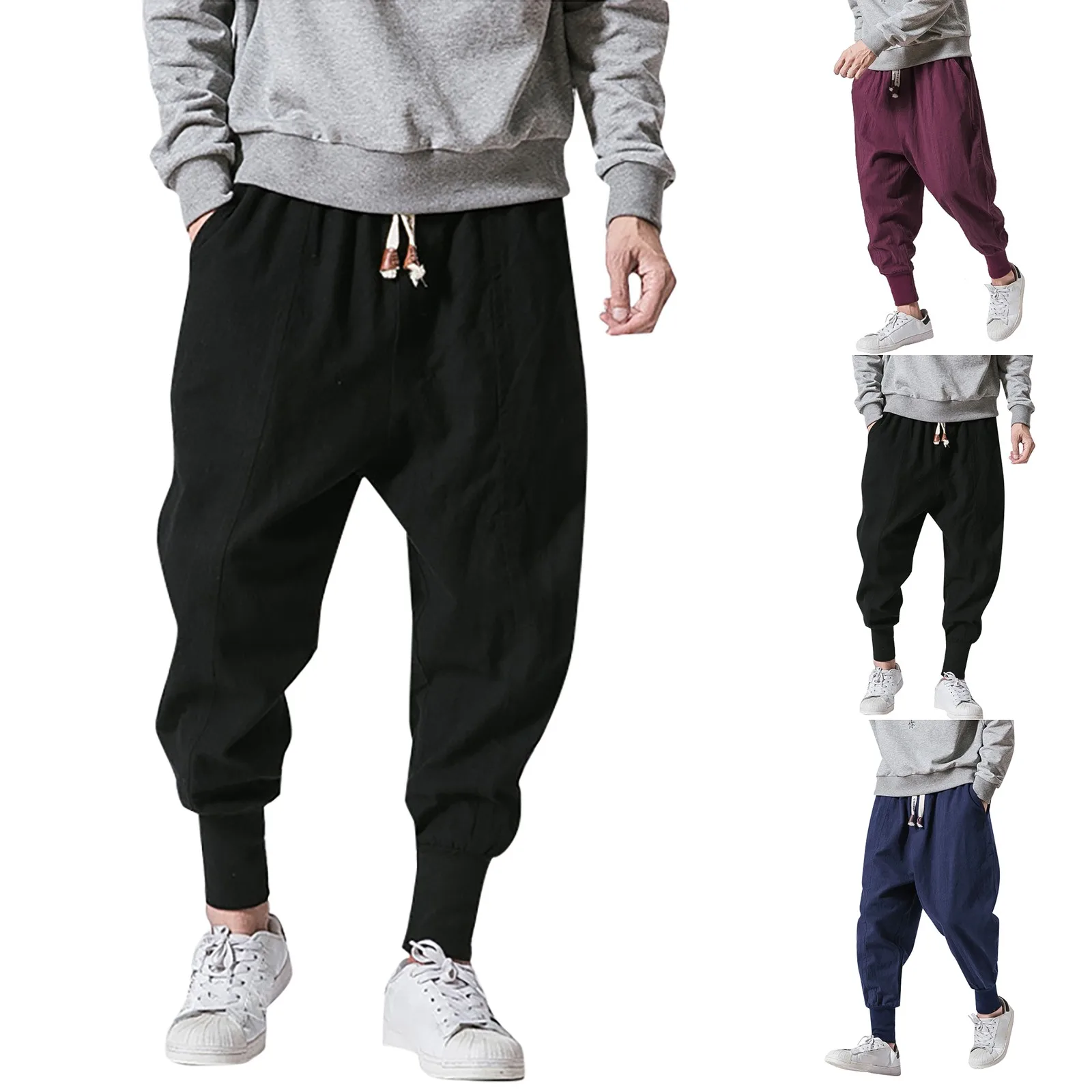 2021 Cotton-linen Pants Men Solid Elastic Waist Joggers Drop-crotch Casual Trousers High Quality Comfy Daily Pants Брюки Мужские 1