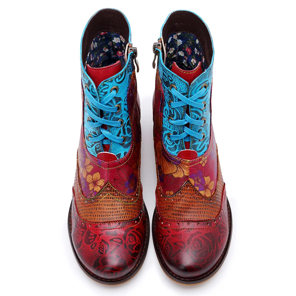 Krasovki Genuines Boots European and American New Leisure Retro National Style Leather Lace-up Printed Women Boots Cowboy Boots