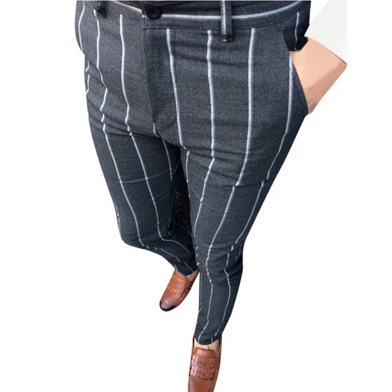 Laamei модные облегающие брюки для мужчин, брюки Чино, клетчатый дизайн, модные серые с полосками, повседневные однотонные штаны - Color: Gray