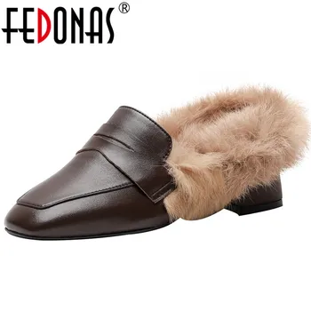 

FEDONAS Female New Party Casual Shoes Woman 2020 Winter Warm Plush Women Shallow Pumps Genuine Leather Brand Loafers High Heels
