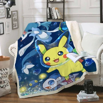 

Pokemon Pikachu Funny Character Blanket 3D Print Sherpa Blanket on Bed Home Textiles Dreamlike Style 08