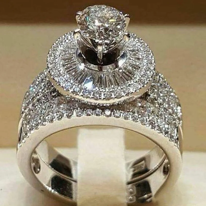 MGZDH Women's Inlaid Zircon Ring Luxury Style Jewelry Full of Zircon Ladies Commitment Ring White 8