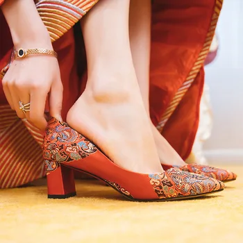 

shoes Chinese wedding shoes female pregnant women wedding shoes red thick heel bride shoes wedding high-heeled shoes