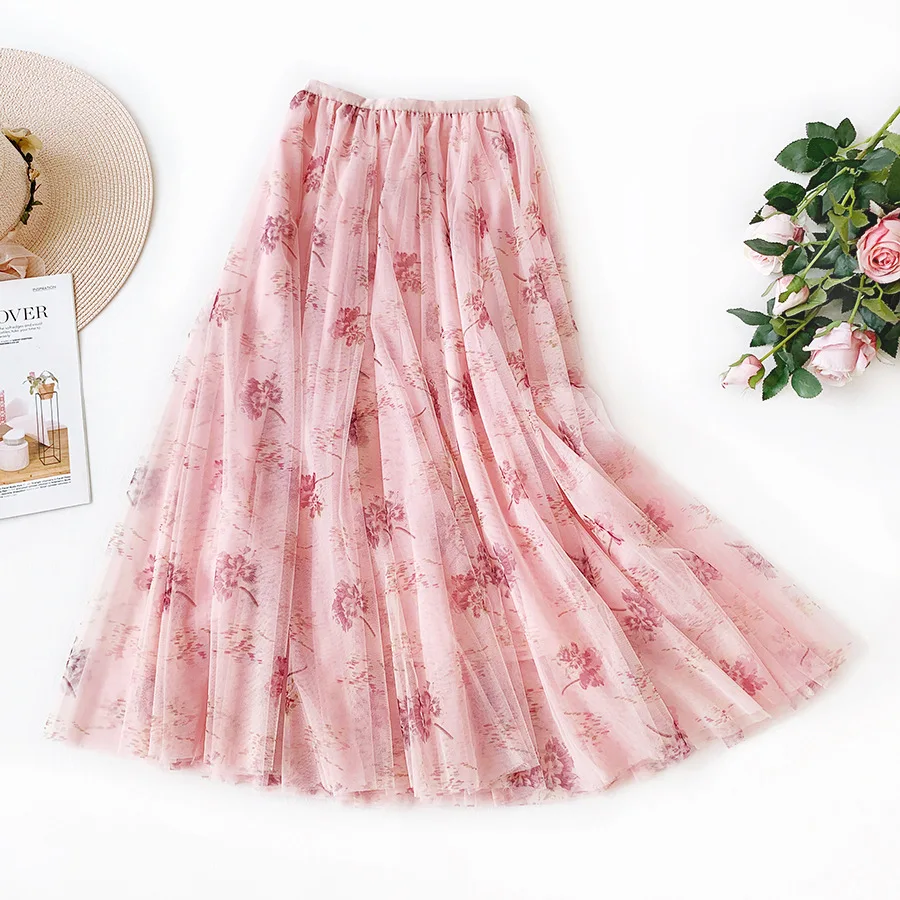 

Spring Big Swing Tutu Skirt 2020 New Summer Flower Printed Holiday Beach Tulle Skirt High Waist A-Line Franch Rural Floral Skirt