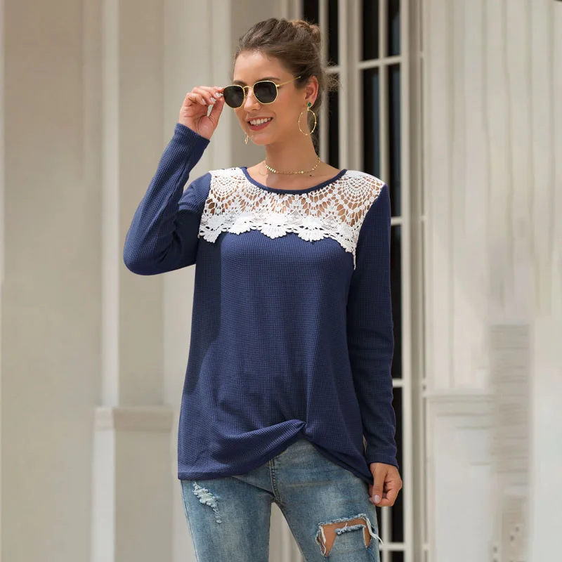 Модные женские пуловеры топы с длинными рукавами и круглым вырезом Повседневная