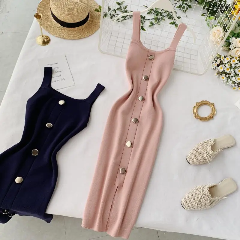 

2019 new fashion women's Knit dress summer temperament Slim square collar sleeveless vest bottoming split dresses
