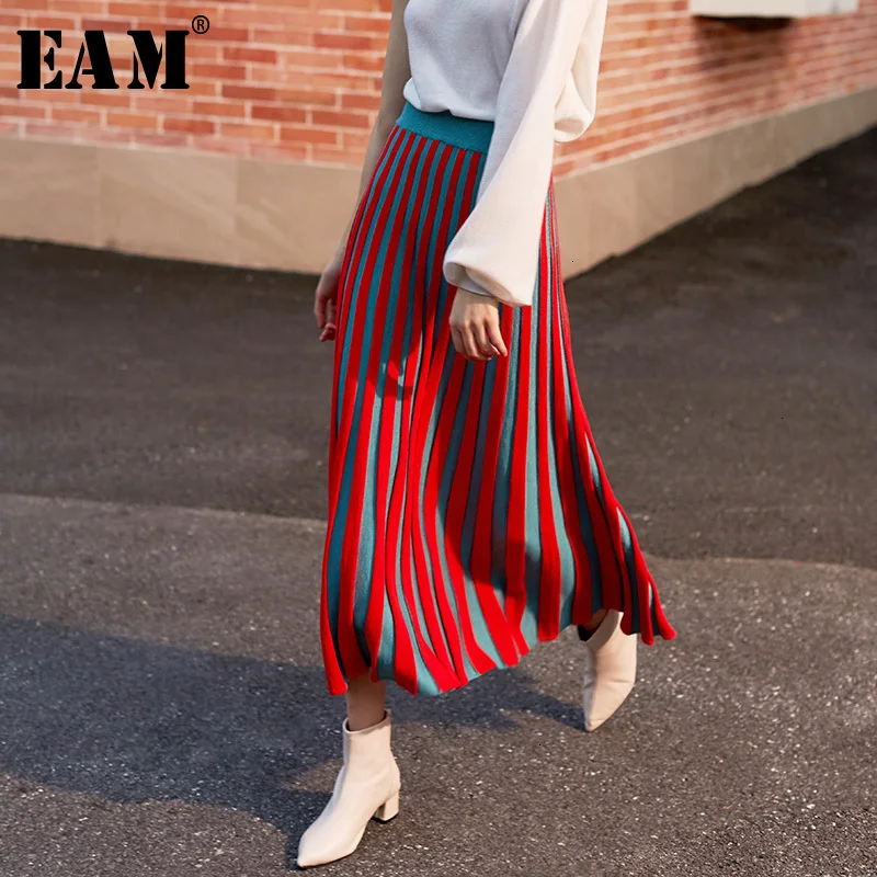 

[EAM] High Elastic Waist Red Knitting Pleated Temperament Half-body Skirt Women Fashion Tide New Spring Autumn 2019 1H092