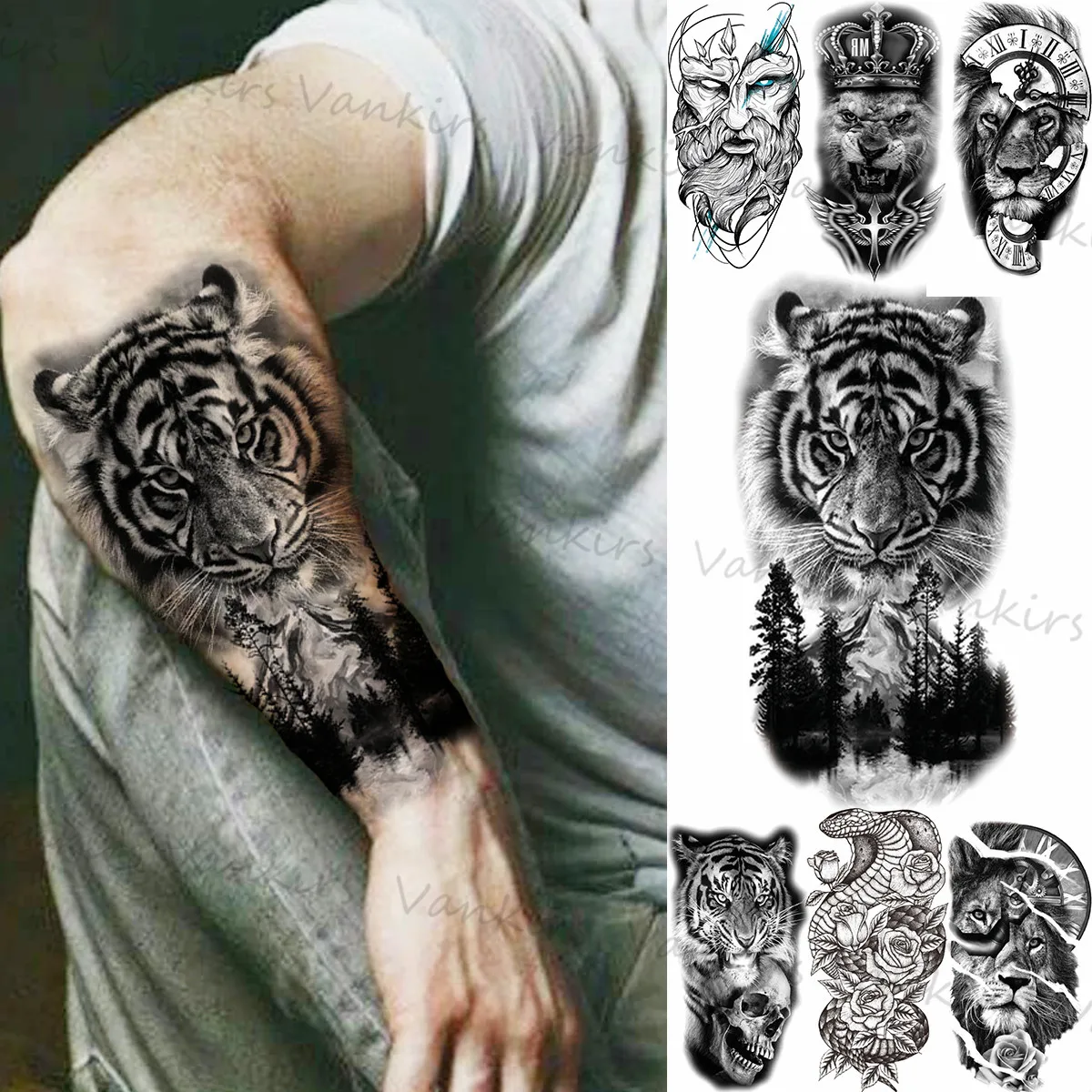 Black Tiger Mountain Tatuaggi Temporanei Per Uomo Donna Adulti Bear Lion Compass Snake Rose Fake Tattoo Sticker Arm Tattoo 3D