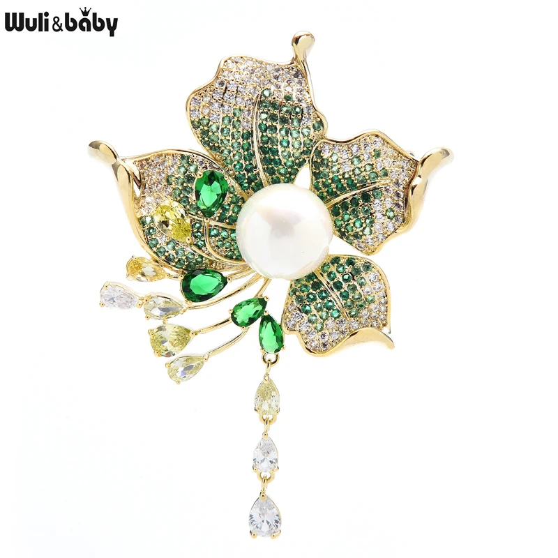 

Wuli&baby Luxury Tassel Flower Brooches For Women Designer 2-color Cubic Zirconia Flower Weddings Party Brooch Pin Gifts
