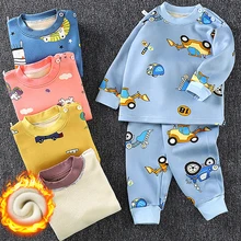 

2021 Autumn and Winter Thickened Long-sleeved Girl Clothes Plus Velvet Children Sets Thermal Underwear Suit Boys Cartoon Pajamas