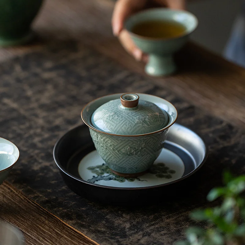 Retro Ge Kiln Ceramic Tea Tureen 110ml Handmade Relief Flower Art Gracked Glaze Tea Maker Gaiwan Household Kung Fu Ceremony