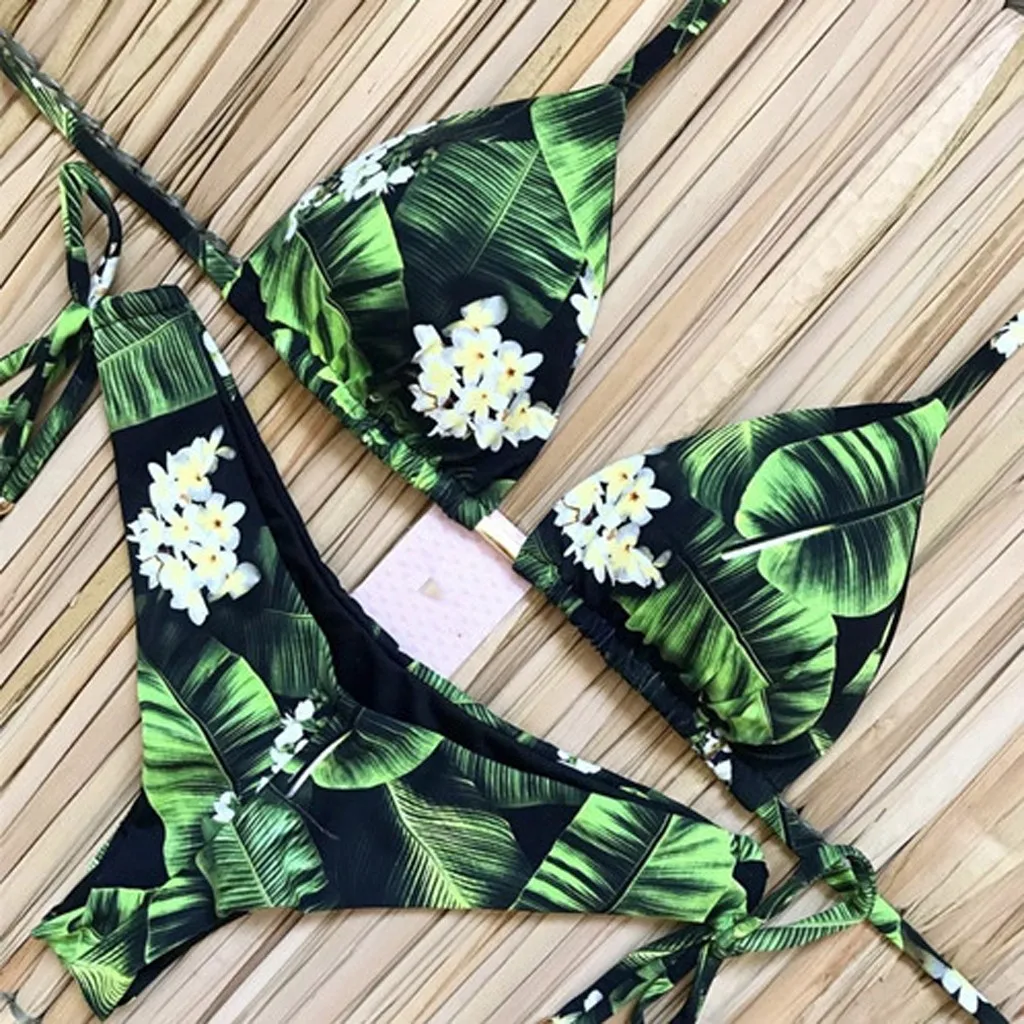 

2021 Womens Sexy Bikini Set Sunflower Flower Bandage Sling Stamp Sport Swimwear Push-Up Padded Swimsuit Split Bikini Femme
