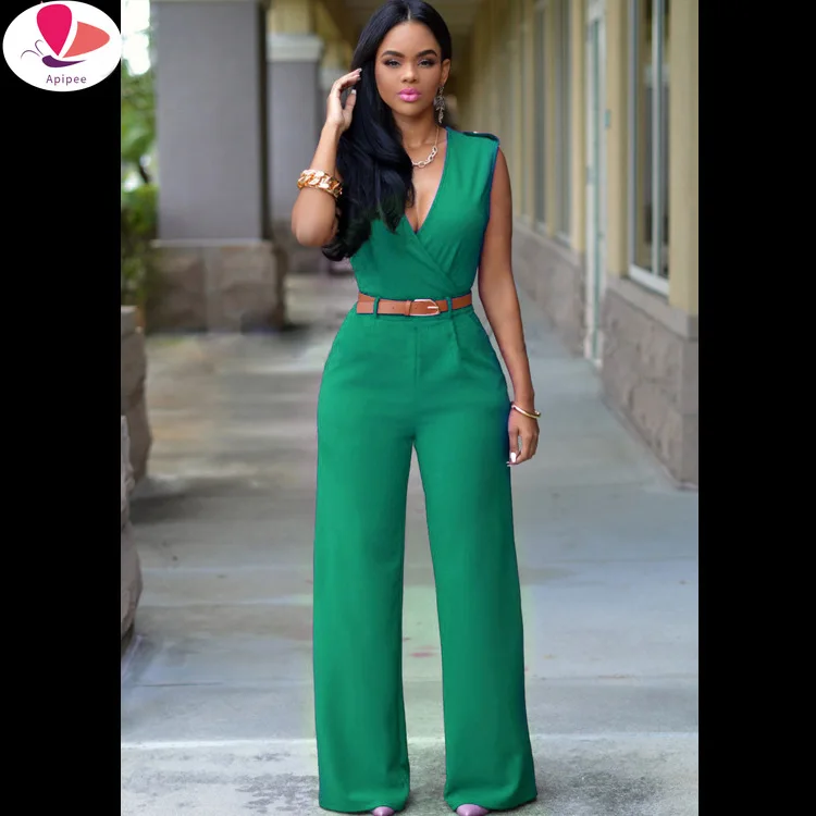 

2023 New White Jumpsuit Long Pants For Women Rompers Sleeveless V -Neck Summer Wide Leg Jumpsuirt With Belt Sexy Club Party