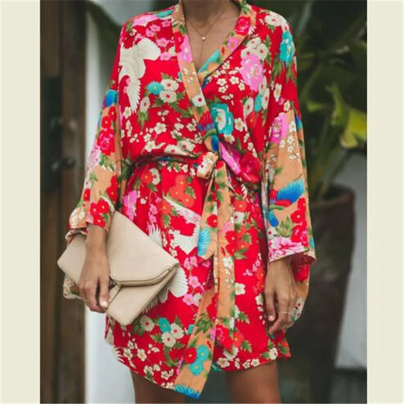 

2019 Autumn Summer Women Long Sleeve Bohemian Floral Casual Loose Long Tops Kimono Long Cardigan Flare Sleeve Print Thin Shirt