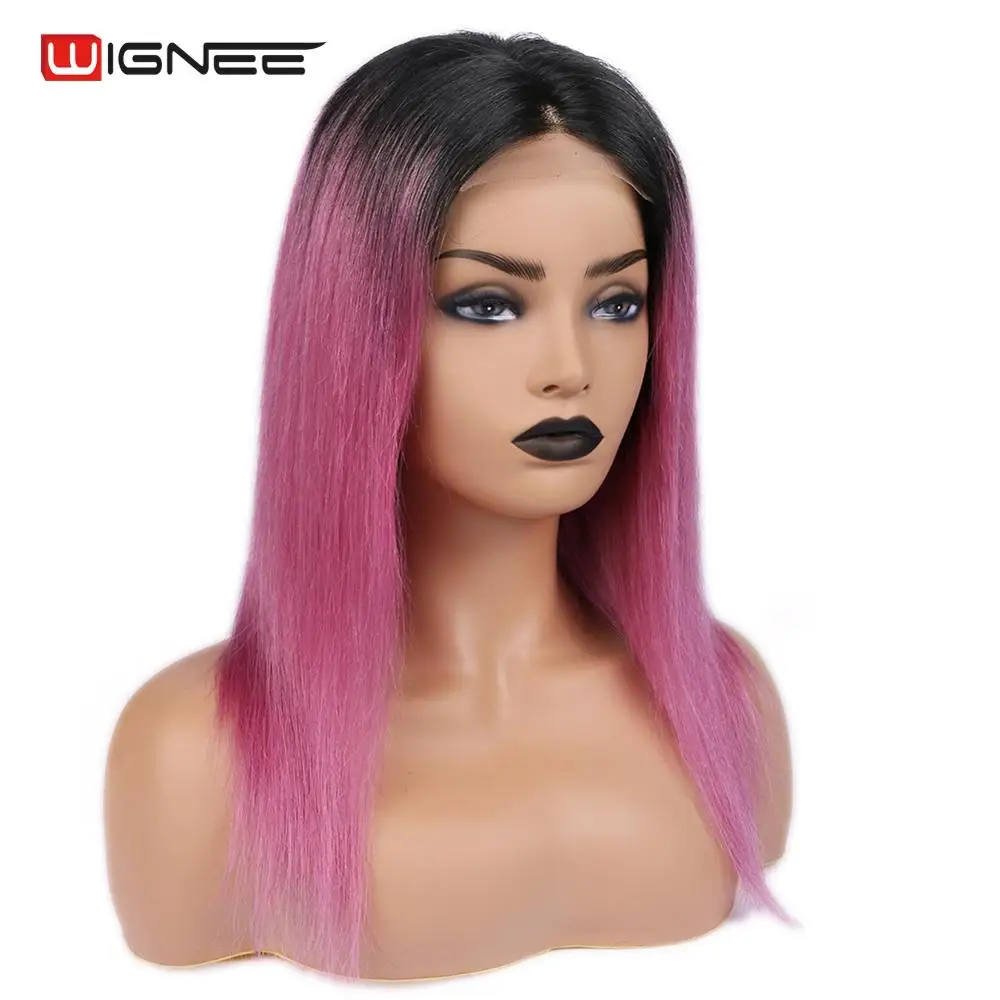 Wignee 4x4 синтетическое закрытие шнурка Remy бразильские человеческие волосы парики для женщин preplicked Hairline с волосами младенца Ombre Фиолетовый/Розовый парик из натуральных волос