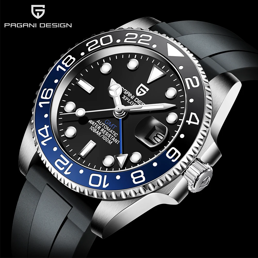 PAGANI DESIGN Luxury Men Mechanical Wristwatch Stainless Steel GMT Watch Rubber Strap Sapphire Glass Men Watches reloj hombre 1