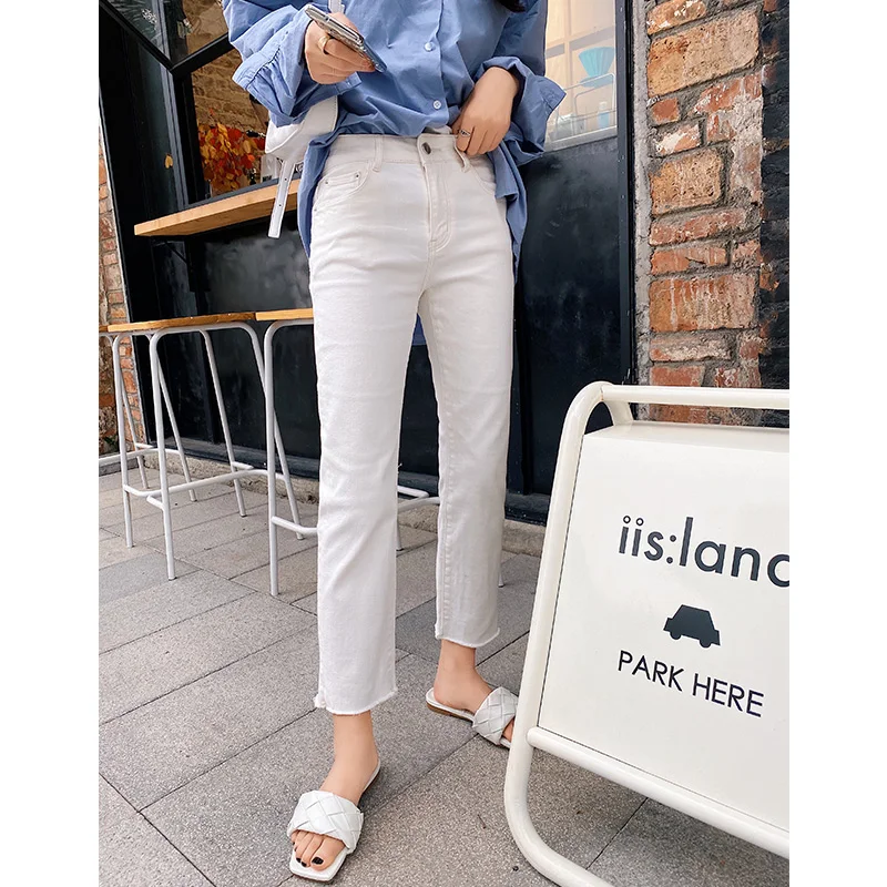 Mishow 2020 Spring New Jeans Women White Demin Cotton Straight Tousers Fashion Female High Waist Pants MX20A2395