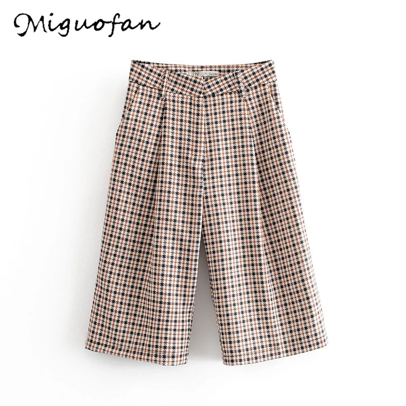 Miguofan, женские клетчатые широкие брюки, брюки с узором гусиные лапки, свободные карманы, элегантные штаны на молнии до колена