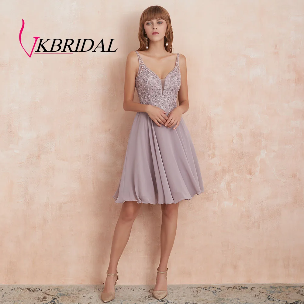 VKBRIDAL сексуальные короткие платья для выпускного вечера с открытой спиной шифоновые аппликационные кружева с бисером милые платья для выпускного вечера