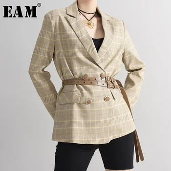 

[EAM] Women Kaki Plaid Stitch Brief Bandage Blazer New Lapel Long Sleeve Loose Fit Jacket Fashion Spring Autumn 2020 1R13204