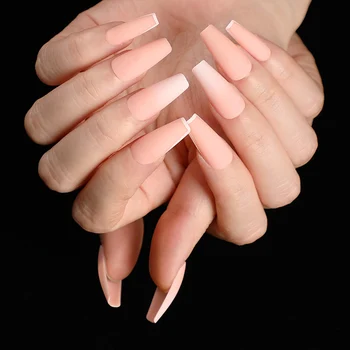 

24pcs/Box Simple Gradient Color French Style Coffin Fake Nails White Edge ABS Resin Full Cover Wearable Fingernails tips acrylic