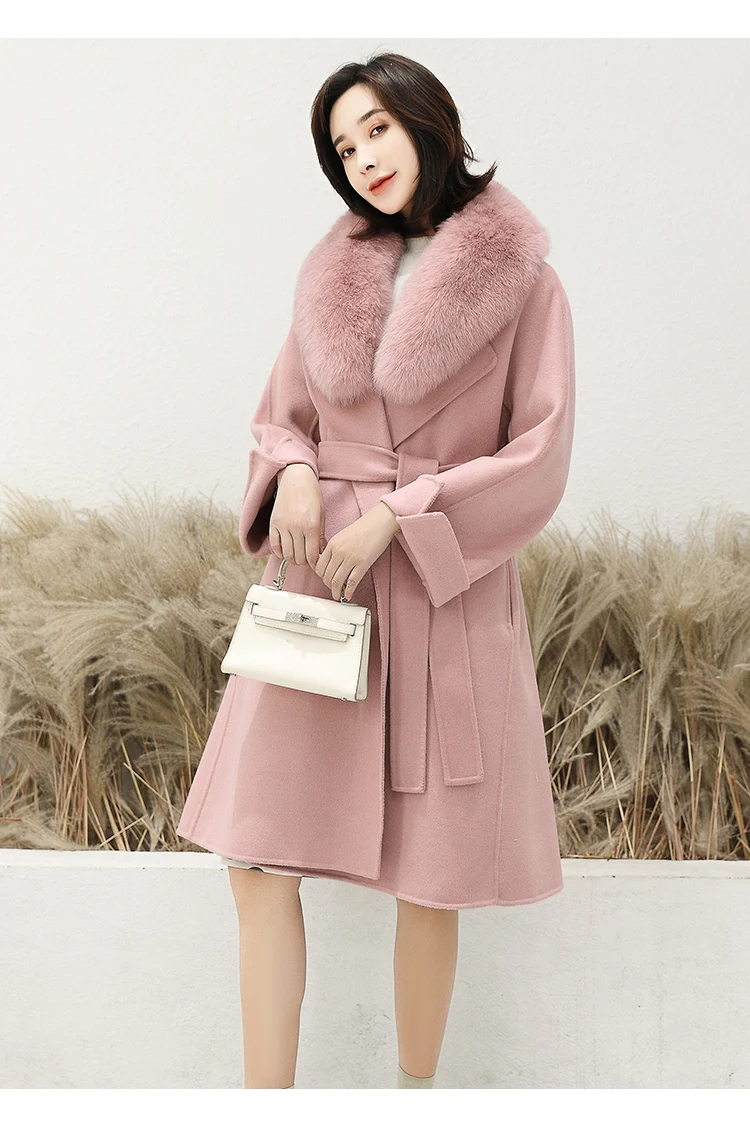 Flash Deal Women 2019 Winter Natural Fox Fur Collar Double-Sided Wool Blends Coat Female Thicken Warm Sheep Shearing Long Overcoat 6