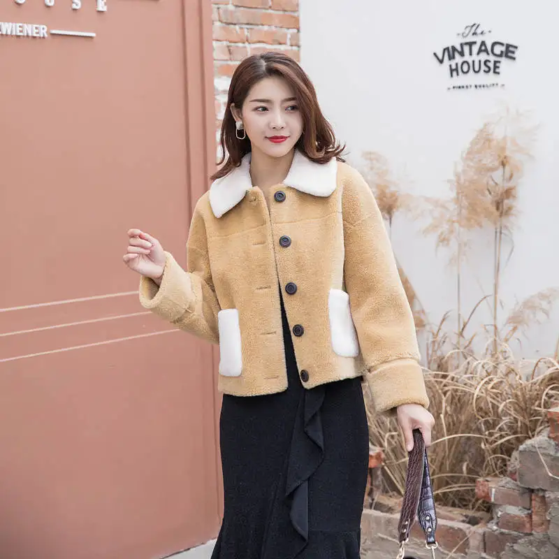 

2019 Autumn Winter Women Real Sheep Shearing Lamb Fur Coats Long Sleeve Thicken Warm Jacket Lady Short Suede Liner Outwear A85