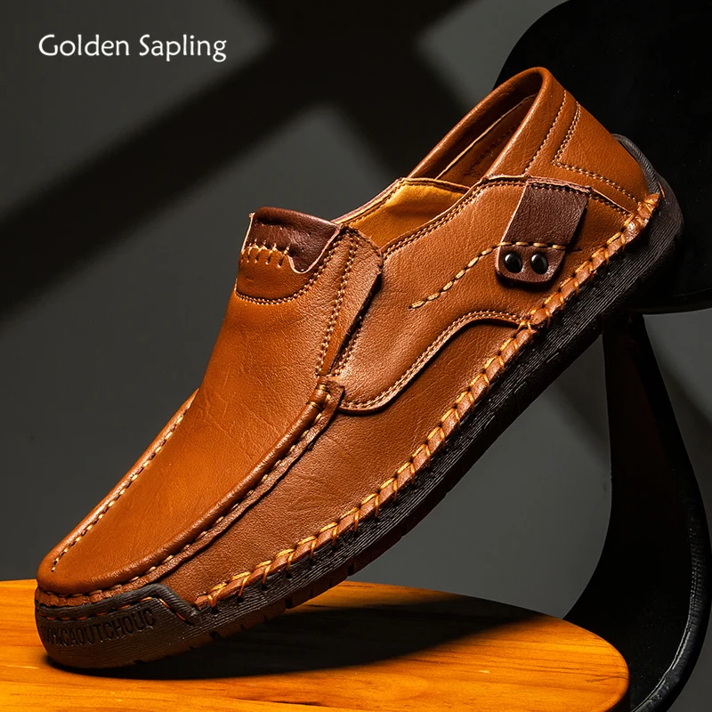 Mocasines de cuero genuino Golden Sapling para hombre, zapatos informales transpirables de goma suave, planos de conducción, mocasines Retro formales de ocio