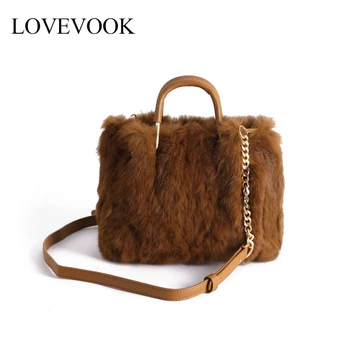 

LOVEVOOK women handbag with top handle real rabbit fur crossbody bags for ladies with chain shoulder bag female for winter 2020