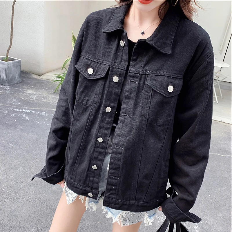

2020 New Spring Women Retro Black Denim Jacket Back Abstract Pattern And Letter Print Fashion Loose Slim Coat High Street Casual
