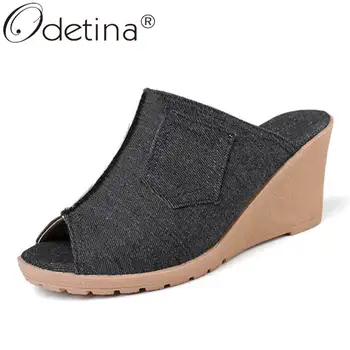 

Odetina Women Fashion Wedges Thick High Heel Canvas Mules Pumps Ladies Elegant Non-slip Peep Toe Slingbacks Vintage Casual Pumps