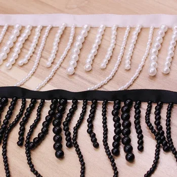 

2Yards/Lot White Black Silk Tassel Fringe Trim Pearl Beaded Lace Ribbon Lace Trim Embroidery Lace Fabric Materials Beaded Fringe