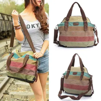 

2020 Fashion Women Canvas Shoulder Bag Messenger Bag Crossbody Tote Handbag Rainbow Stripes Fashion Stitching