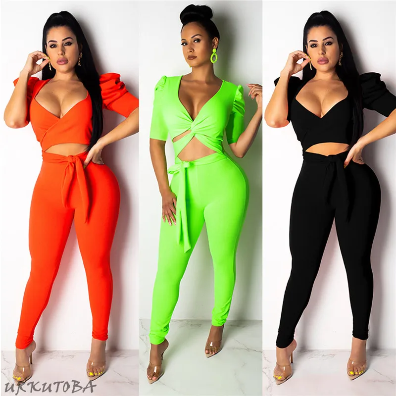 

Sexy Women Lady Deep V-neck Short Sleeve Bandage T-shirt Crop Tops High Waist Long Trousers Bodycon 2 PCS Set Women Fashion Sets