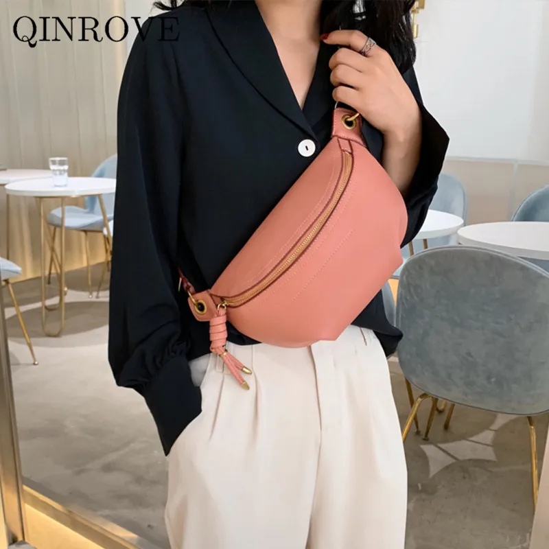 

Double Zip Waist Bag For Women Shoulder Bag PU Leather Bum Bag Female Girls With Chains Solid Color Small Banana Bag Off White