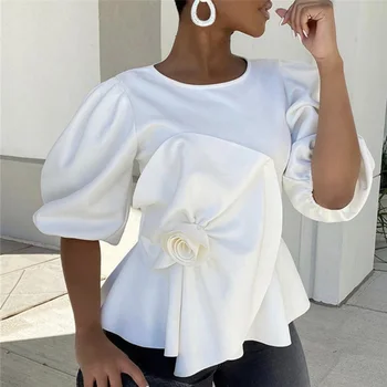 

White Puff Sleeve Women Shirts High Waist Ruffle Falbaba 2020 Elegant Office Lady Work Fashion Blouse Shirts Tops