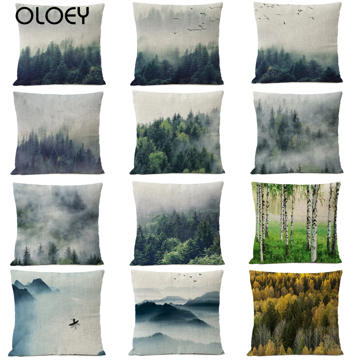 

Nordic Green Forest Lanscape Pillow Cover Home Decorative Pillows Bird Ink Tree Linen Pillow Case Cushion Cover Cojines Almofada