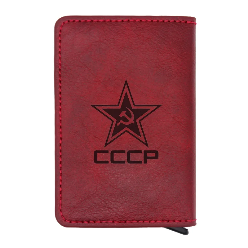 BC043-Red Classic USSR Soviet Badges Sickle Hammer Rfid Card Holder Men Wallets CCCP Russia Emblem Communism Black Leather Short Purse - Цвет: BC043-Red