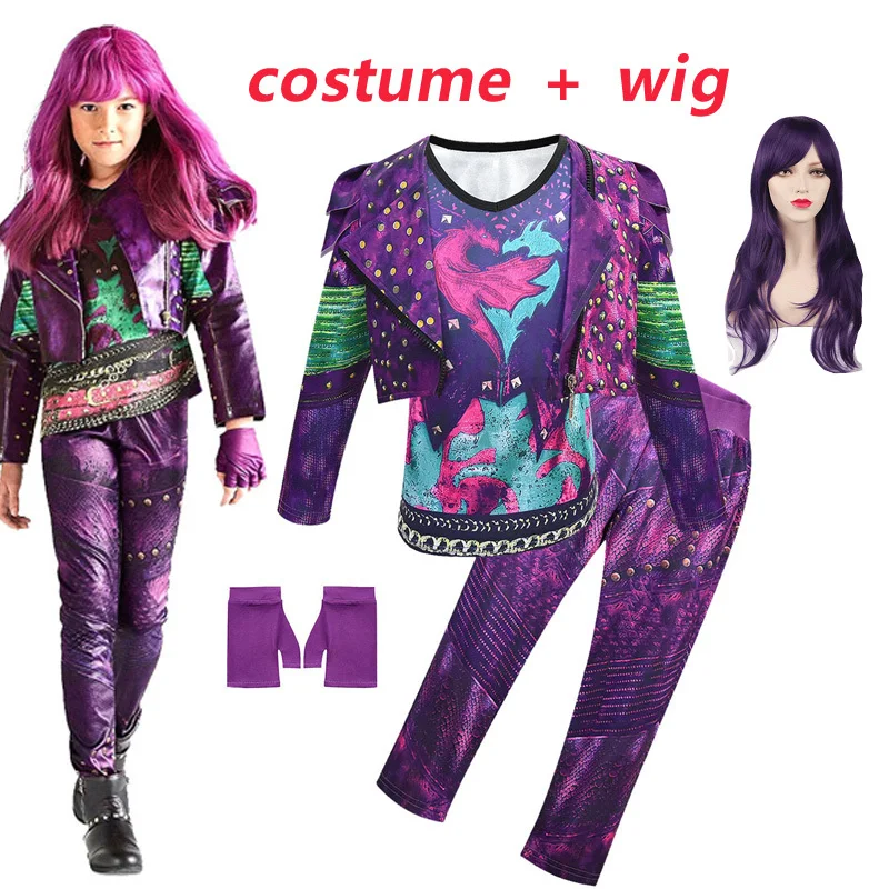 Новые потомки 3 ТЗА Bertha Малефисента перчатки Live Evil прямые синие дети косплей парик+ платье Хэллоуин костюм для детей девочка