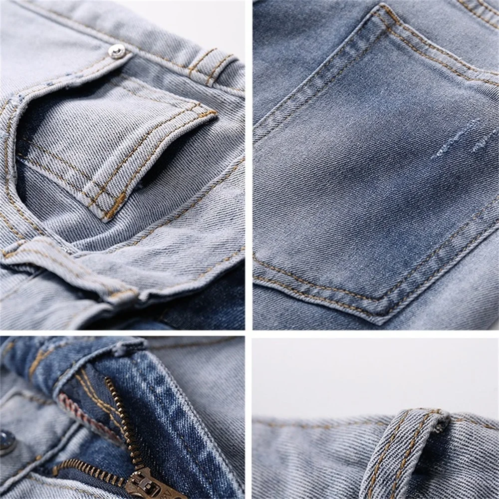 EH · MD® Pearl Pendant Decorated Jeans Men's Embroidered Broken Pants Ink Pants Painted Letters Slim Cotton Red Ears Soft 2021