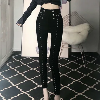 

Korea 2020 Spring Vintage Patchwork Joggers Sweatpants Harajuku Woman Double-breasted Denim High Waist Pants Women ZA2493