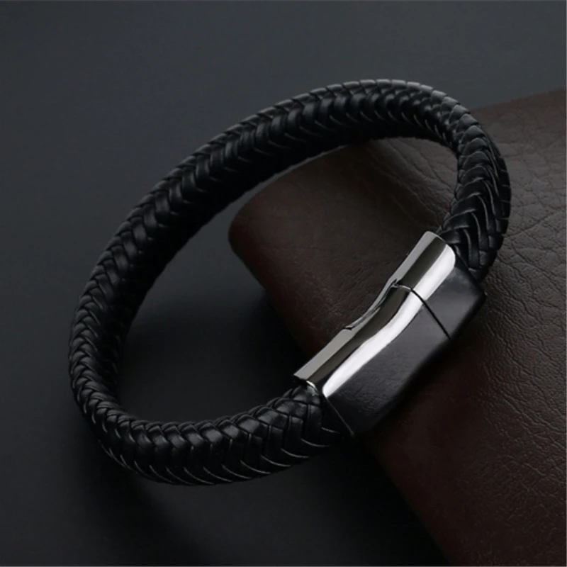 TANGYIN модный мужской браслет на магнитной застежке из нержавеющей стали 22 см Плетеный черный кожаный браслет для мужчин модные ювелирные украшения Pulseira