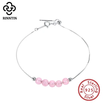 

Rinntin 925 Sterling Silver Bracelet Trendy Bangles Natural Rose Quartz Girls Birthday Gift Anniversary Jewelry TSB49