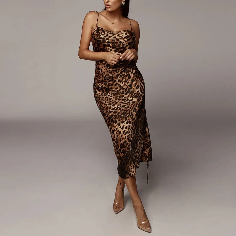 Женское платье с леопардовым принтом NewAsia, вечерние, вечерние, Многополосная одежда, сексуальное длинное платье миди, на завязках, с открытой спиной, с принтом, пляжные платья - Цвет: Leopard