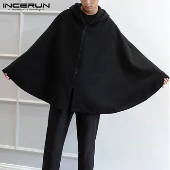 

INCERUN Winter Fashion Jackets Men Hooded Zipper Solid Streetwear Sleeveless Cloak Cape Punk Style Coats Men Windbreaker S-5XL