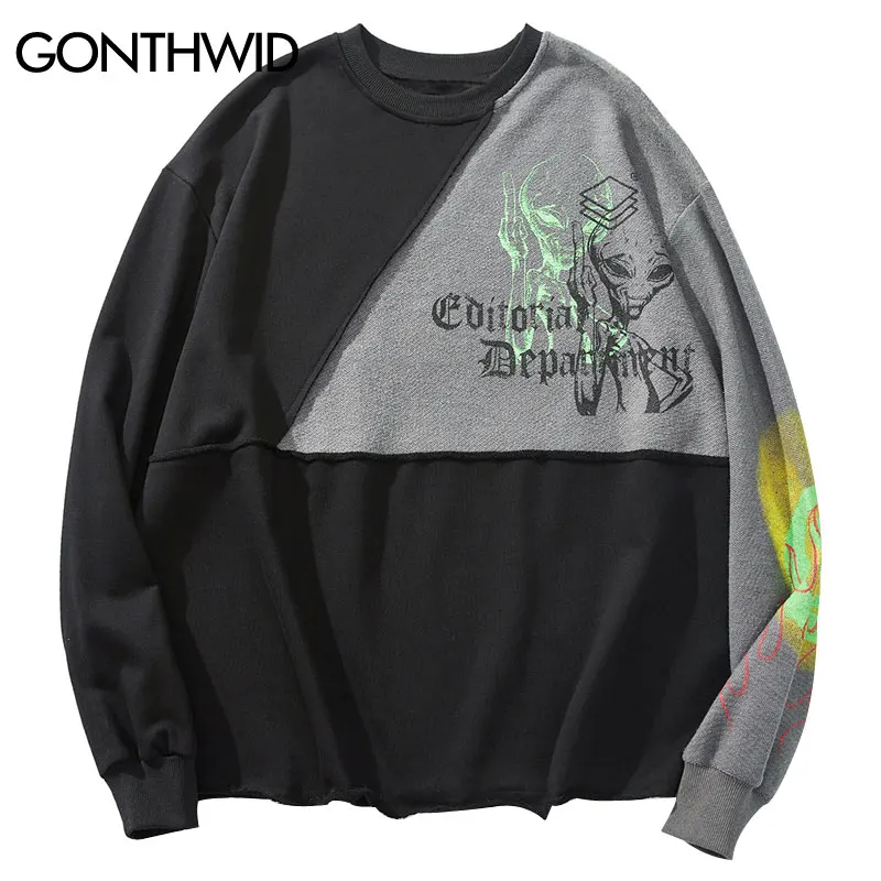 

GONTHWID Middle Finger Alien Fire Flame Print Color Block Patchwork Sweatshirts Hoodies Streetwear Hip Hop Hispter Pullover Tops