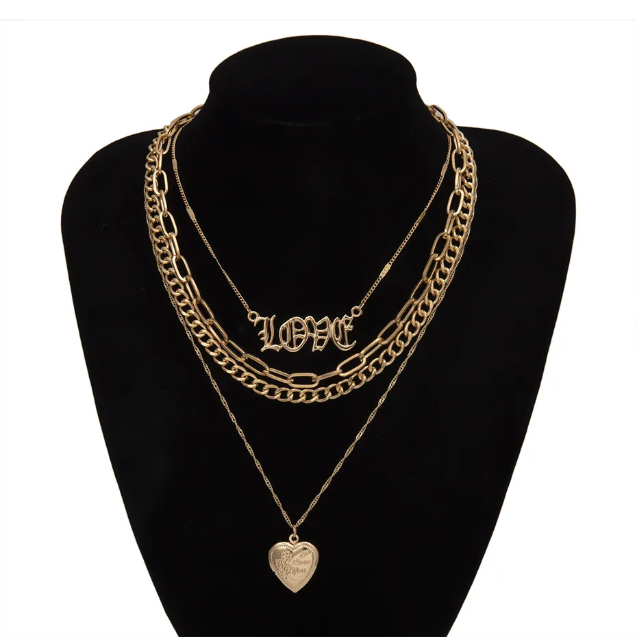 Колье в стиле хип-хоп, готическое, милое, любящее сердце, колье, подвеска, ожерелье для женщин,, многослойное, массивная цепочка, длинное ожерелье, Женские Ювелирные изделия - Окраска металла: Gold Color