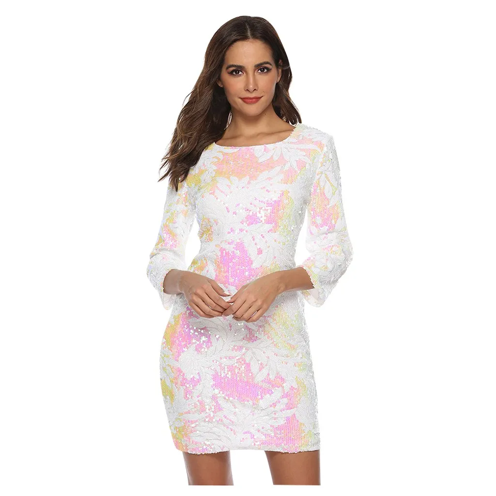 

Winter Ladies New Dress Retro Print Sequins Round Neck Slim Zipper Dress Party Ball Sexy Personality Dress Z1120