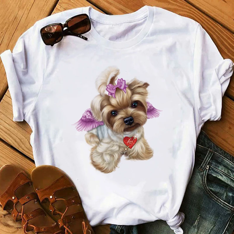 

women's t-shirt Little Yorkshire Terrier Dog Cola High heels T-Shirt Lipstick Lovely Angel Youkshire Print Girls Tee Animal