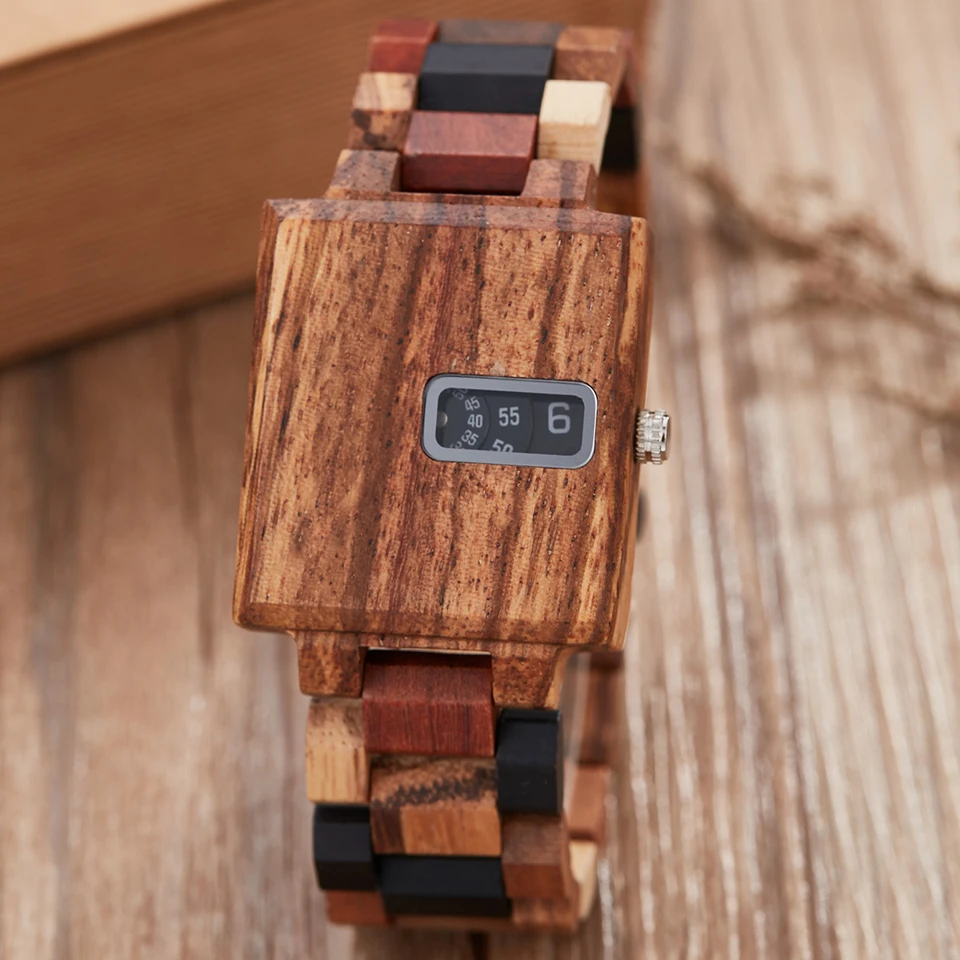 Креативные квадратные деревянные часы из твердого черного дерева, кварцевые часы с Уникальным поворотным циферблатом, складная застежка, деревянные наручные часы montre homme
